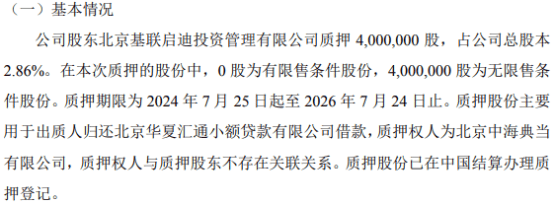 中航泰达股东质押400万股 用于出质人归还北京华夏汇通小额贷款有限公司借款