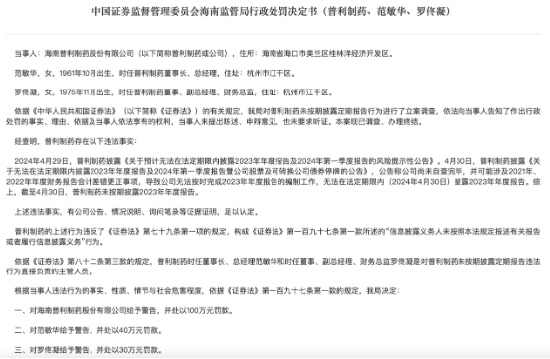 普利制药及高管因未按期披露年报遭海南证监局处罚  第1张