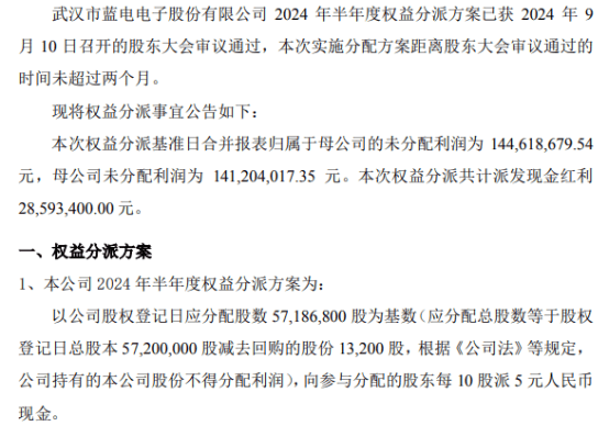 武汉蓝电2024年半年度权益分派每10股派现5元 共计派发现金红利2859.34万元  第1张