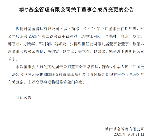 博时基金董事会成员变更：余志良、马伯寅、赵文武、姜立军、赵如冰、宋子洲不再担任公司董事  第1张